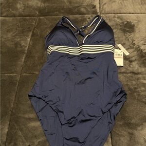 New Trina Turk Navy and White Monaco Pleated Plunge One-Piece Swimsuit